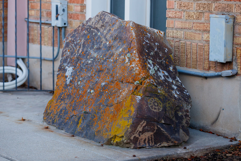This photo provided by The Church of Jesus Christ of Latter-day Saints shows a large rock bearing petroglyphs created by the ancestors of the Northwestern Band of the Shoshone Nation, Dec 8, 2025, in Tremonton, Utah. (The Church of Jesus Christ of Latter-day Saints via AP)