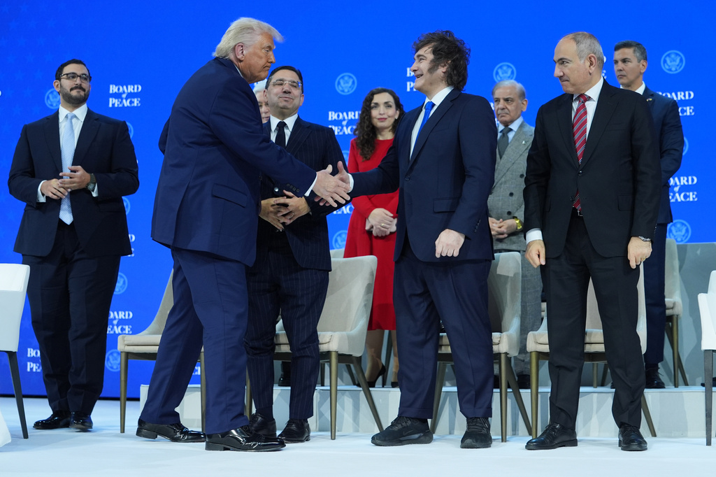 FILE - President Donald Trump, center left, shakes hands with Javier Milei, President of Argentina, during the Annual Meeting of the World Economic Forum in Davos, Switzerland, Thursday, Jan. 22, 2026. (AP Photo/Evan Vucci,File)