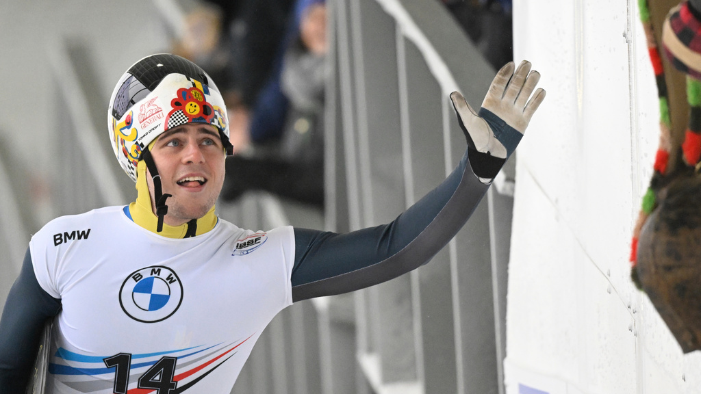 FILE - Vladyslav Heraskevych, of Ukraine, during the second run of the men's skeleton World Cup race, Dec. 16, 2022, in Lake Placid, N.Y. (AP Photo/Hans Pennink, File)