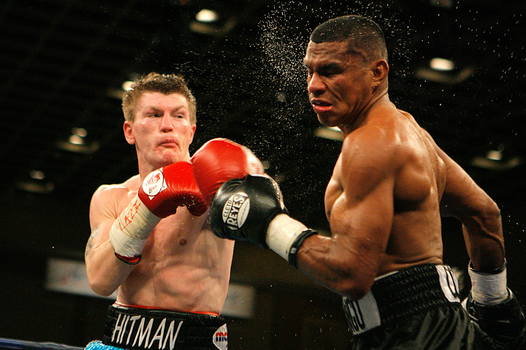 FILE -Ricky Hatton, left, of England, lands a right to the face of Juan Urango, of Colombia, in the fourth round of their IBF Jr. welterweight title boxing match in Las Vegas on Saturday, Jan. 20, 2007. (AP Photo/ Jae C. Hong, File)