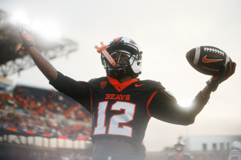 FILE - Oregon State wide receiver Jesse Legree (12) celebrates a touchdown during the second half of an NCAA college football game against Texas Tech, on Sept. 12, 2026, in Corvallis, Ore. (AP Photo/Lydia Ely, File)