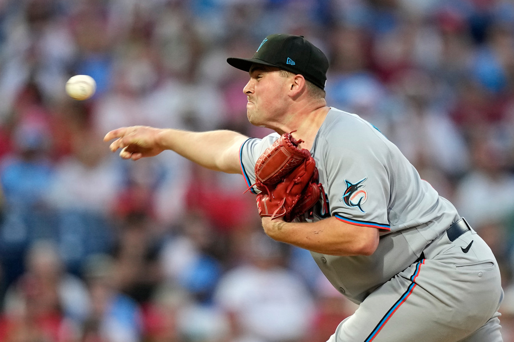 Miami Marlins' William Kempner pitches during the fifth inning of a baseball game against the Philadelphia Phillies Monday, June 15, 2026, in Philadelphia. (AP Photo/Matt Slocum)