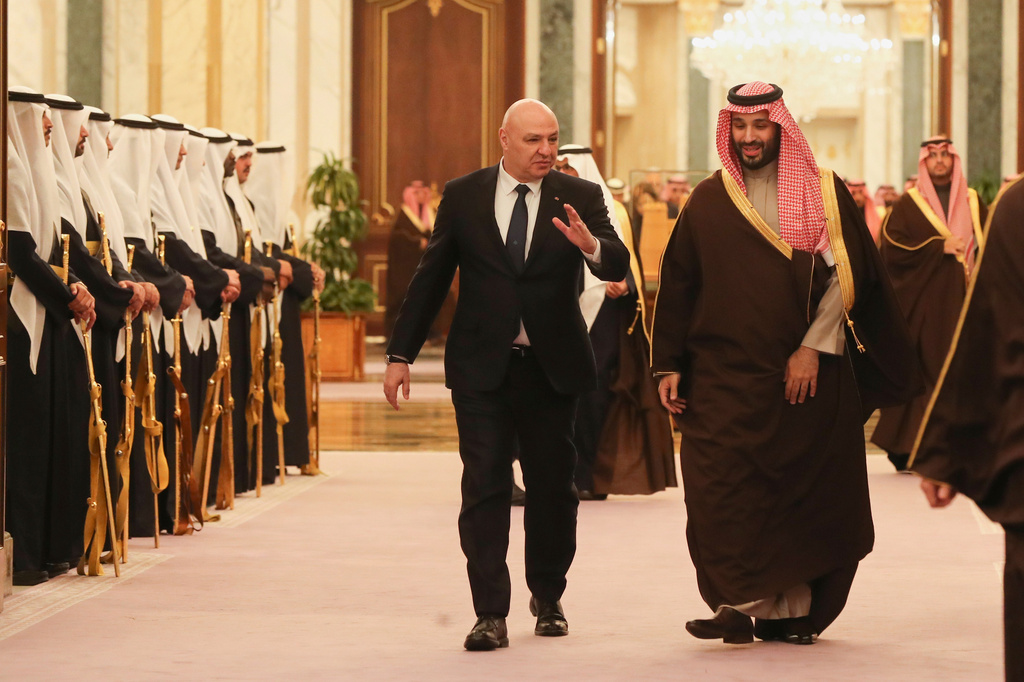 FILE - In this photo released by the Lebanese Presidency press office, Saudi's Crown Prince Mohammed bin Salman accompanies Lebanese President Joseph Aoun, left, upon his arrival to the Royal Palace in Riyadh, Saudi Arabia, March 3, 2025. (Lebanese Presidency press office via AP, File)