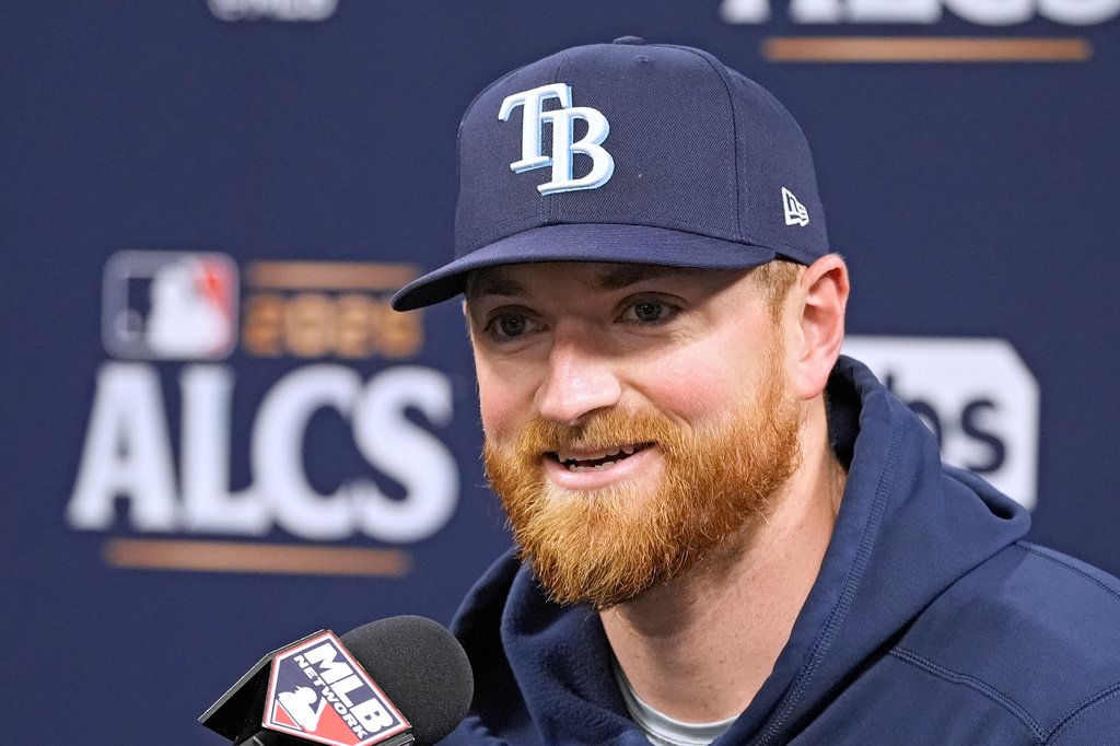 Tampa Bay Rays pitcher Drew Rasmussen speaks to the media before practice in a baseball American League Championship against the Cleveland Guardians Series Sunday, Oct. 11, 2026, in St. Petersburg, Fla. (AP Photo/Chris O'Meara)