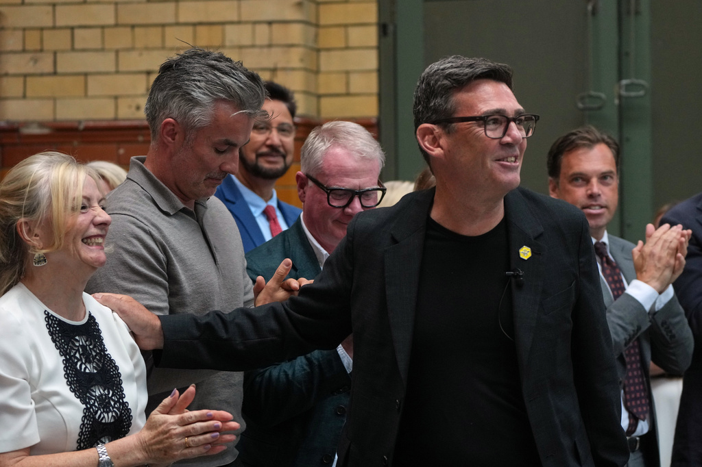 Labour Party's Andy Burnham meets party members before he delivers a speech at the People's History Museum in Manchester, England, Monday, June 29, 2026.(AP Photo/Alastair Grant)