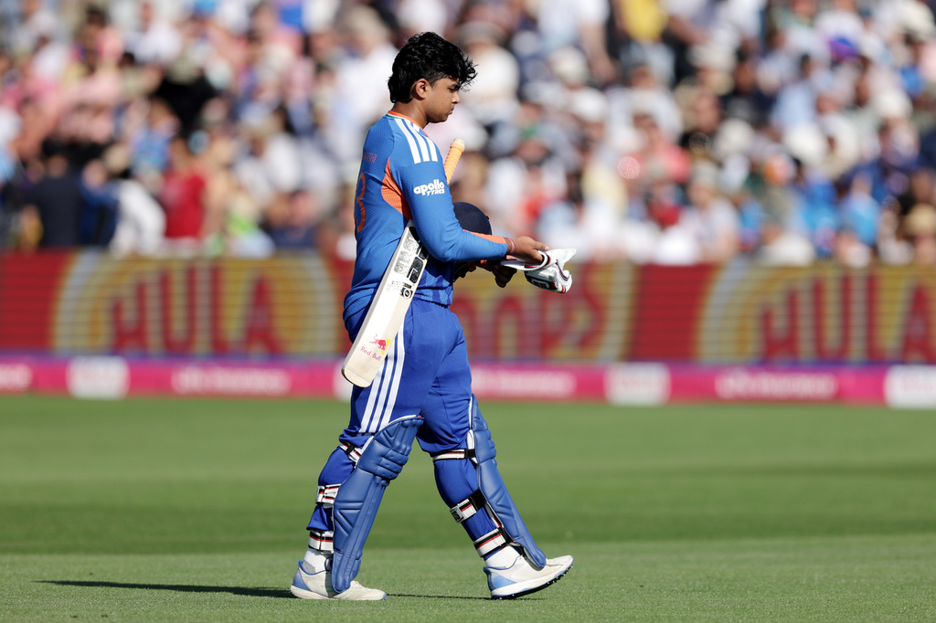 India's Vaibhav Sooryavanshi leaves the field after being caught out by England's Sam Curran from the bowling of Jofra Archer during the fourth Vitality IT20 match against England at the Seat Unique Stadium in Bristol, England, on Thursday July 9, 2026. (Steven Paston/PA via AP)