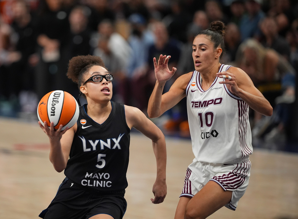 Minnesota Lynx guard Olivia Miles (5) drives around Toronto Tempo forward Maria Conde (10) to shoot in the fourth quarter of a WNBA basketball game Tuesday, July 28, 2026, in Minneapolis. (Jeff Wheeler/Minnesota Star Tribune via AP)