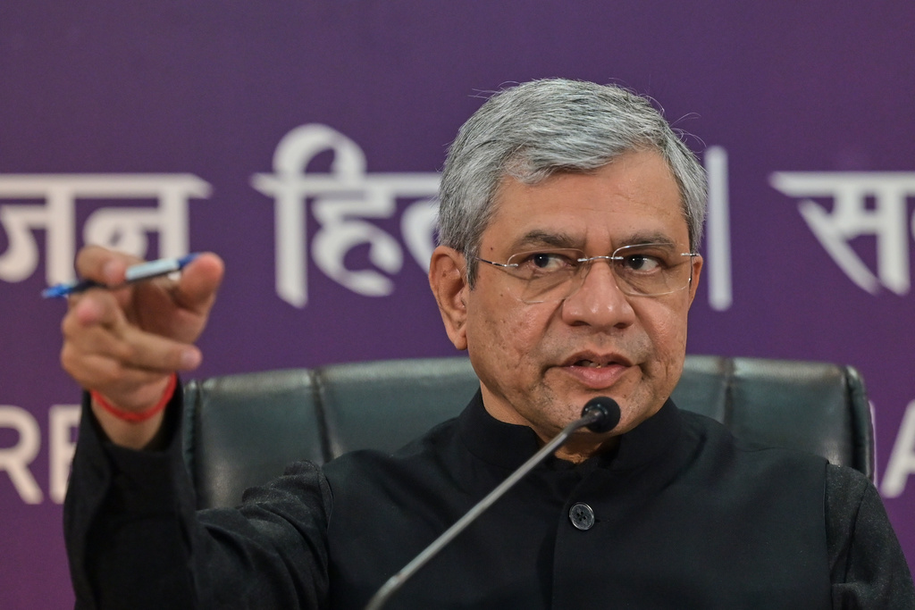 Indian Technology Minister Ashwini Vaishnaw addresses a press conference during AI-Summit in New Delhi, India, Tuesday, Feb. 17, 2026. (AP Photo)