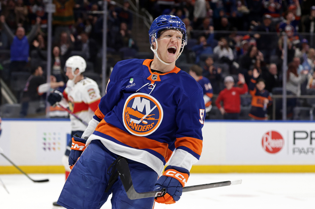 New York Islanders left wing Emil Heineman reacts after scoring a goal in the second period of an NHL hockey game against the Florida Panthers, Saturday, March 28, 2026, in Elmont, N.Y. (AP Photo/Adam Hunger)
