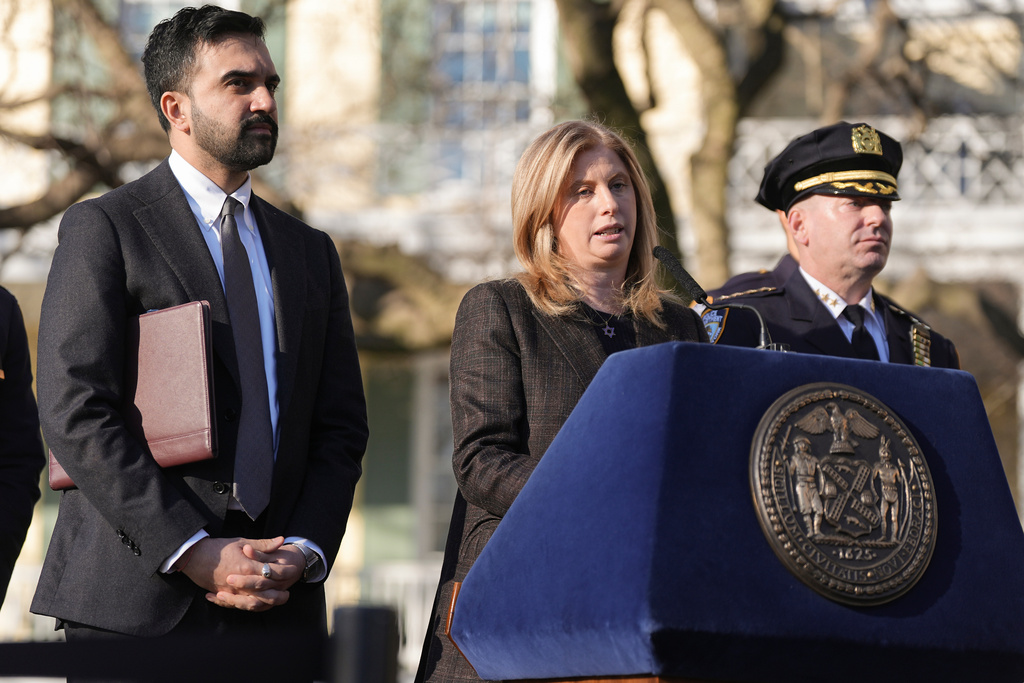 New York Police commissioner Jessica Tisch speaks during a news conference with New York Mayor Zohran Mamdani at Gracie Mansion, Monday, March 9, 2026, in New York. (AP Photo/Angelina Katsanis)