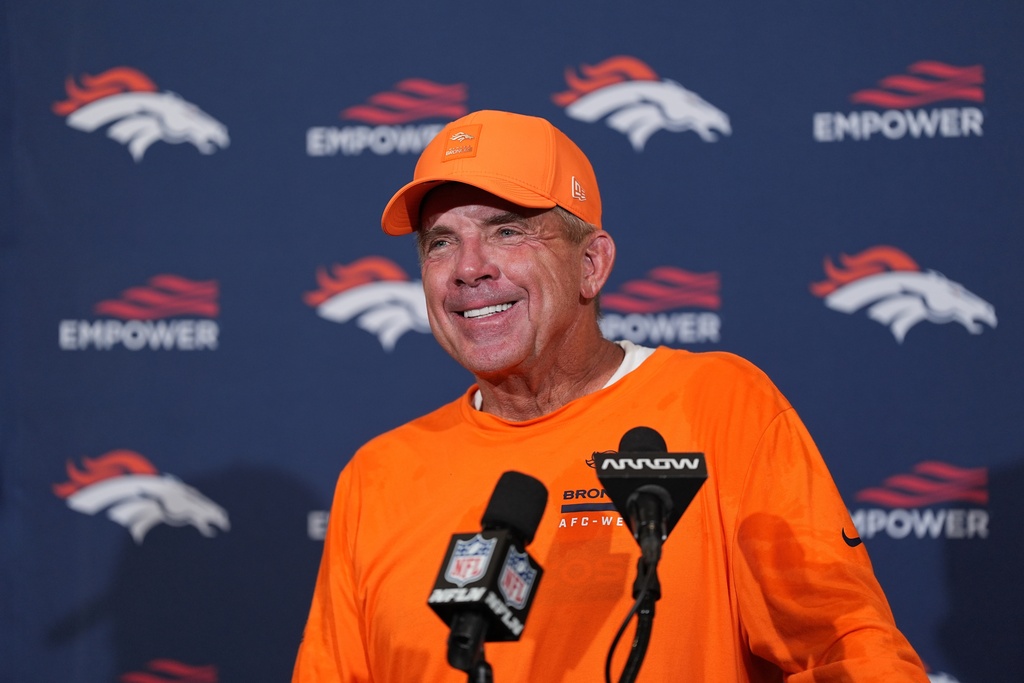 Denver Broncos head coach Sean Payton speaks during a news conference after an NFL football game against the Philadelphia Eagles on Sunday, Oct. 5, 2025, in Philadelphia. (AP Photo/Matt Rourke)