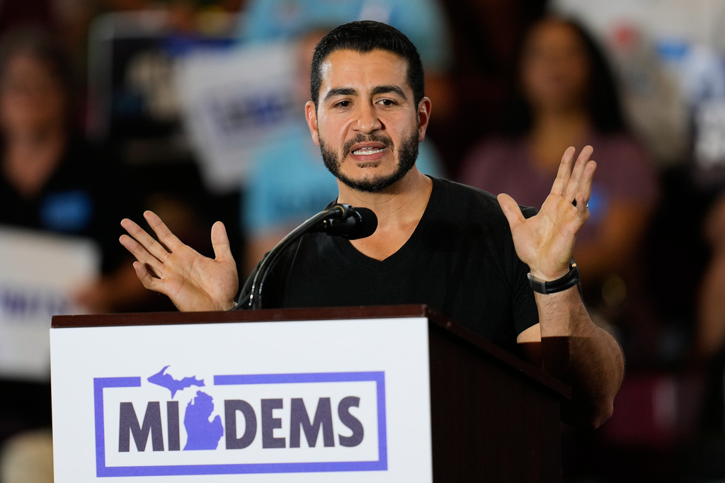 Democratic nominee for U.S. Senate Abdul El-Sayed Speaks at a General Election Kickoff Rally for Michigan Demcrats at Renaissance High School Friday, Aug. 7, 2026, in Detroit. (AP Photo/Paul Sancya)