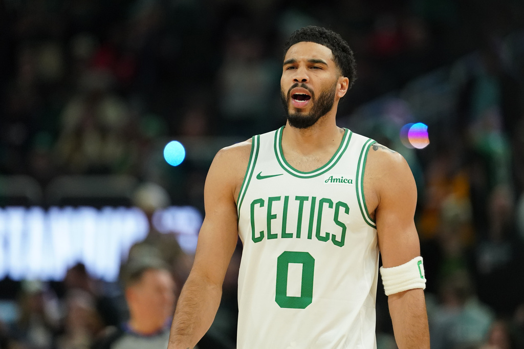 Boston Celtics' Jayson Tatum looks on before an NBA basketball game against the Milwaukee Bucks, Friday, April 3, 2026, in Milwaukee. (AP Photo/Aaron Gash)