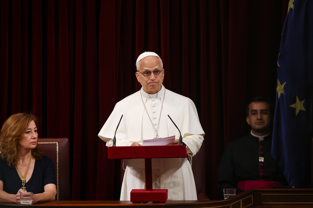 Francina Armengol, President of the Congress of Deputies of Spain, looks on as Pope Leo XIV speaks at the Spanish Parliament in Madrid, Monday, June 8, 2026. (Yara Nardi/Pool Photo via AP)