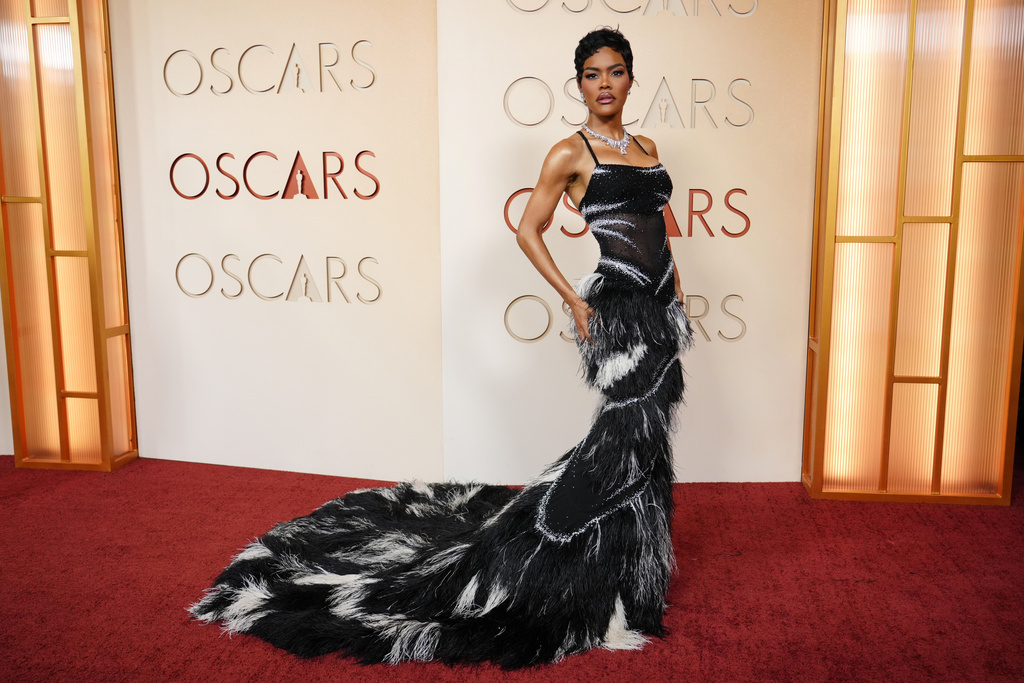 Teyana Taylor arrives at the Oscars on Sunday, March 15, 2026, at the Dolby Theatre in Los Angeles. (Photo by Jordan Strauss/Invision/AP)
