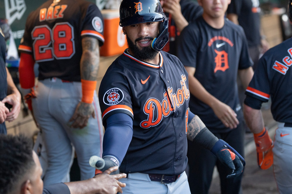 Detroit Tigers' Gleyber Torres celebrates after hitting a two-run home run during the fifth inning of a baseball game against the Athletics Saturday, Aug. 1, 2026, in West Sacramento, Calif. (AP Photo/Sara Nevis)