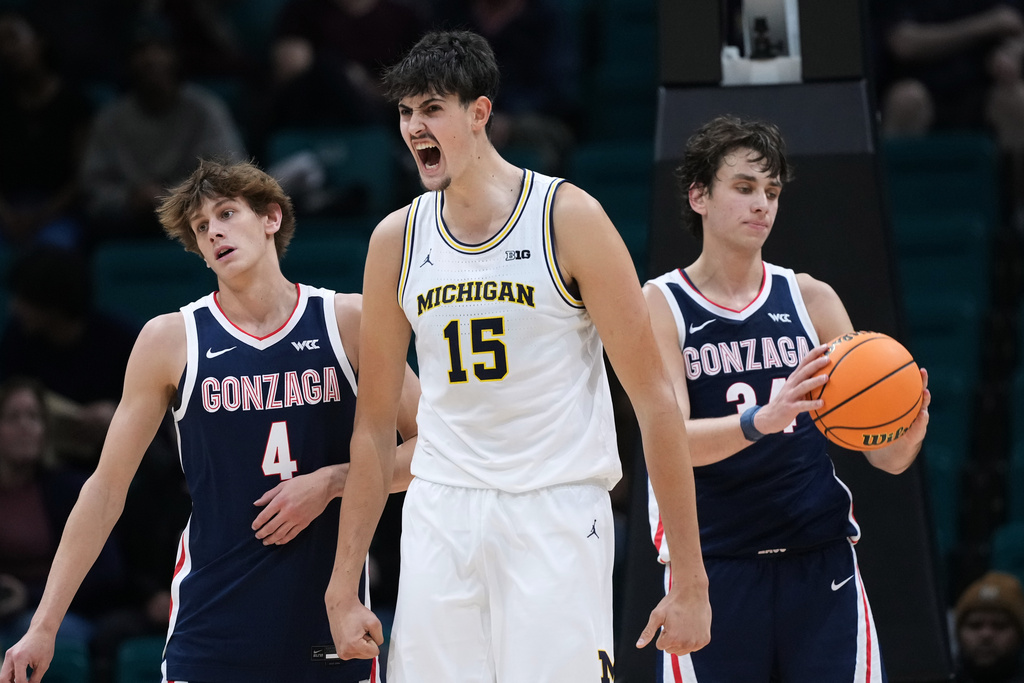 Michigan center Aday Mara (15) celebrates a play against Gonzaga during the second half of an NCAA college basketball game in the Players Era tournament in Las Vegas, Wednesday, Nov. 26, 2025. (AP Photo/Eric Gay)