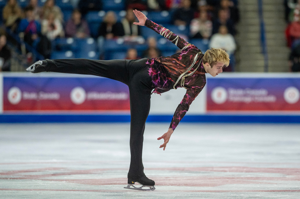 Aleksandr Selevko, of Estonia, performs in the men's free program of the Skate Canada International figure skating competition in Saskatoon, Saskatchewan, Sunday, Nov. 2, 2025. (Liam Richards/The Canadian Press via AP)
