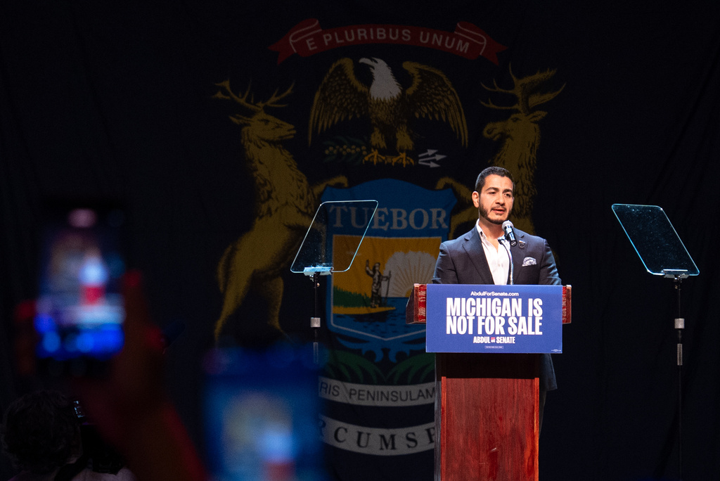 Abdul El-Sayed, a progressive candidate in the Democratic primary for U.S. Senate in Michigan, speaks at his election night party, Wednesday, Aug. 5, 2026, at the Majestic Theatre in Detroit. (AP Photo/Julia Demaree Nikhinson)