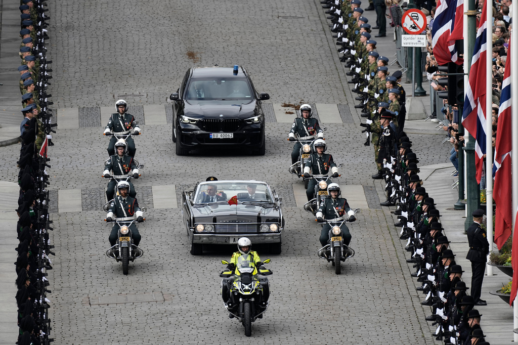 King Haakon VIII. arrives to take the oath according to the Constitution in the Storting, Norway's parliament, in Oslo, Norway, Tuesday, Sept. 1, 2026. (Cornelius Poppe/NTB Scanpix via AP)