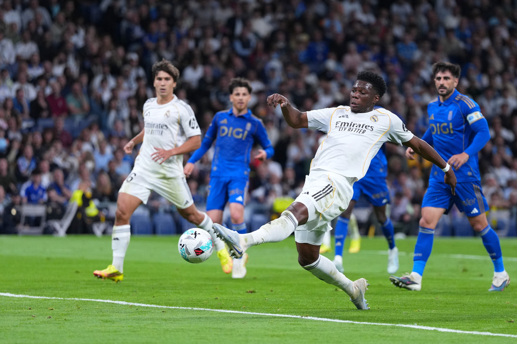 Real Madrid's Aurelien Tchouameni kicks the ball during the Spanish La Liga soccer match between Real Madrid and Real Oviedo in Madrid, Spain, Thursday, May 14, 2026. (AP Photo/Manu Fernandez)