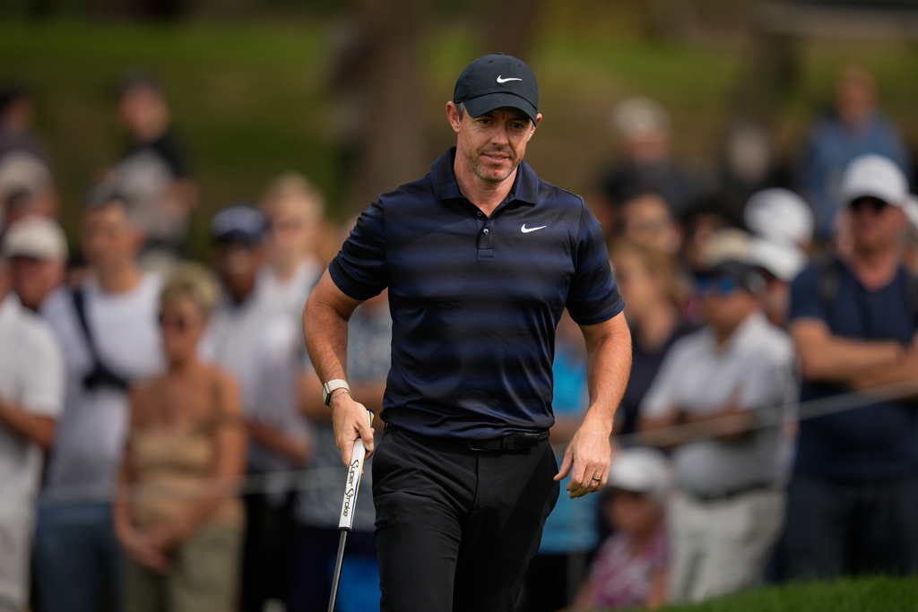 Rory McIlroy of Northern Ireland walks on the 3rd green during second round of the Dubai Desert Classic in United Arab Emirates, Friday, Jan. 23, 2026. (AP Photo/Altaf Qadri)