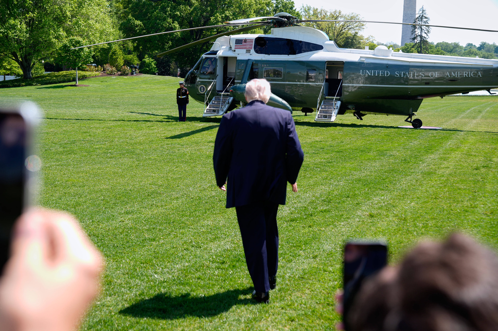 President Donald Trump walks on the South Lawn to board Marine One as he departs the White House, Thursday, April 16, 2026, in Washington. (AP Photo/Manuel Balce Ceneta)