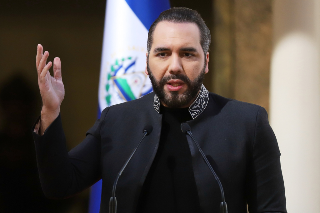 FILE - El Salvador's President Nayib Bukele speaks at the National Palace as he hosts a meeting with U.S. congresspeople in San Salvador, El Salvador, Jan. 19, 2026. (AP Photo/Salvador Melendez, File)