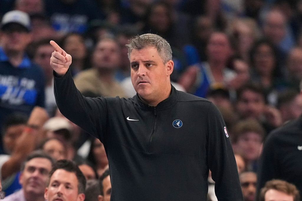 FILE - Micah Nori, the lead assistant coach of the Minnesota Timberwolves, directs play during the first half in Game 3 of the NBA basketball Western Conference finals against the Dallas Mavericks, May 26, 2024, in Dallas. (AP Photo/Julio Cortez, File)