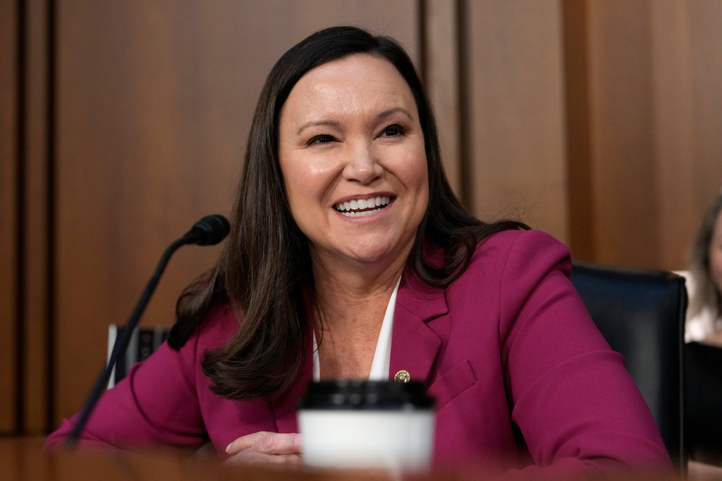 FILE -Sen. Ashley Moody, R-Fla., speaks during the confirmation hearing before the Senate Judiciary Committee for Kash Patel, President Donald Trump's choice to be director of the FBI, at the Capitol in Washington, Jan. 30, 2025. (AP Photo/Ben Curtis, File)