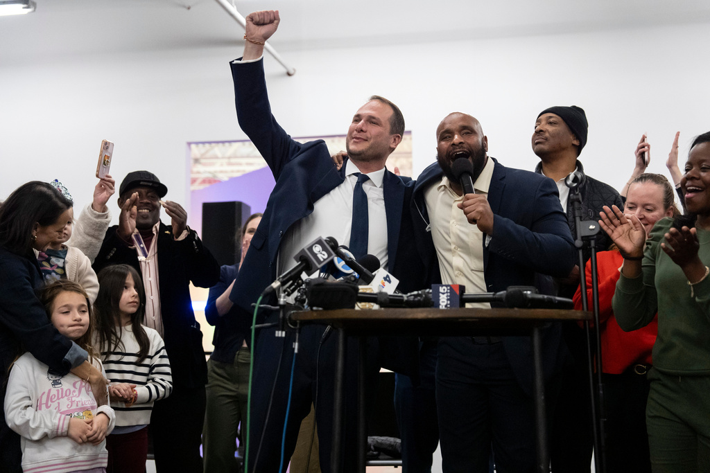 Jersey City Mayor-elect James Solomon gestures during his speech at a watch party, Tuesday, Dec. 2, 2025, in Jersey City, N.J. (AP Photo/Yuki Iwamura)