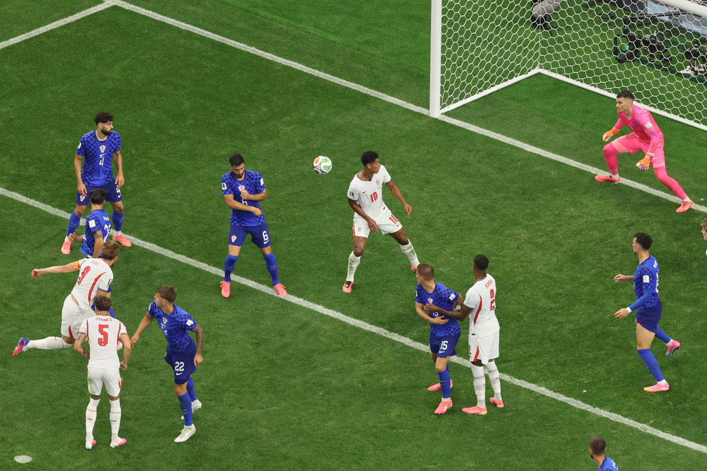 England's Harry Kane (9) scores during the World Cup Group L soccer match between England and Croatia in Arlington, Texas, near Dallas, Wednesday, June 17, 2026. (AP Photo/Sam Hodde)