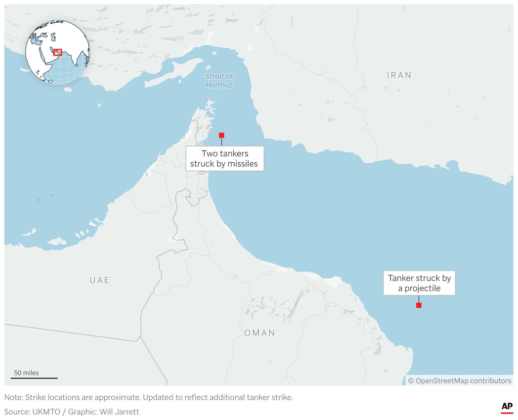 Map showing the location of recent strikes against ships around the Strait of Hormuz. (AP Digital Embed)