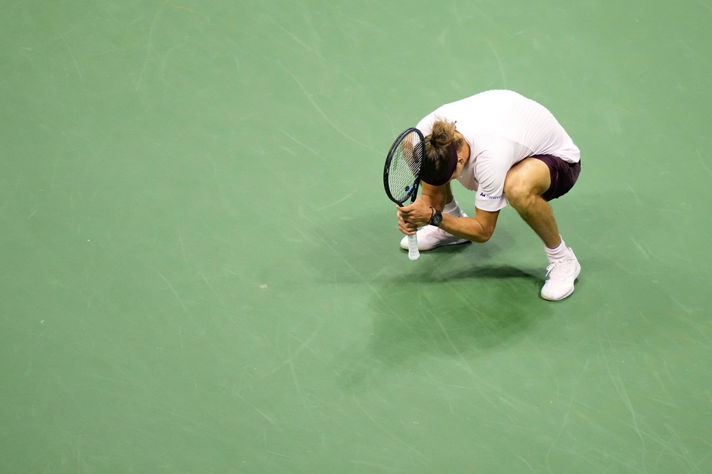Alexander Zverev, of Germany, reacts after missing a point against Lorenzo Sonego, of Italy, during the first round of the U.S. Open tennis championships Tuesday, Sept. 1, 2026, in New York. (AP Photo/Frank Franklin II)