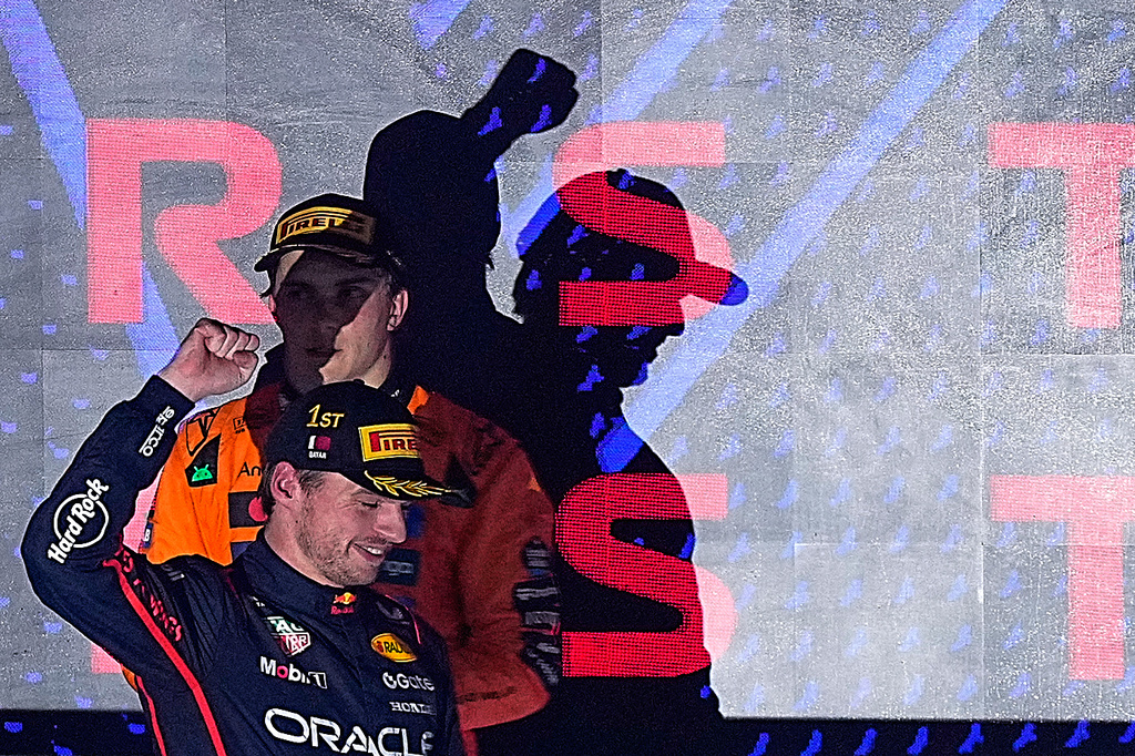 Red Bull driver Max Verstappen of the Netherlands celebrates winning the Qatar Formula One Grand Prix, in Lusail, Qatar, Sunday, Nov. 30, 2025.(AP Photo/Fatima Shbair)