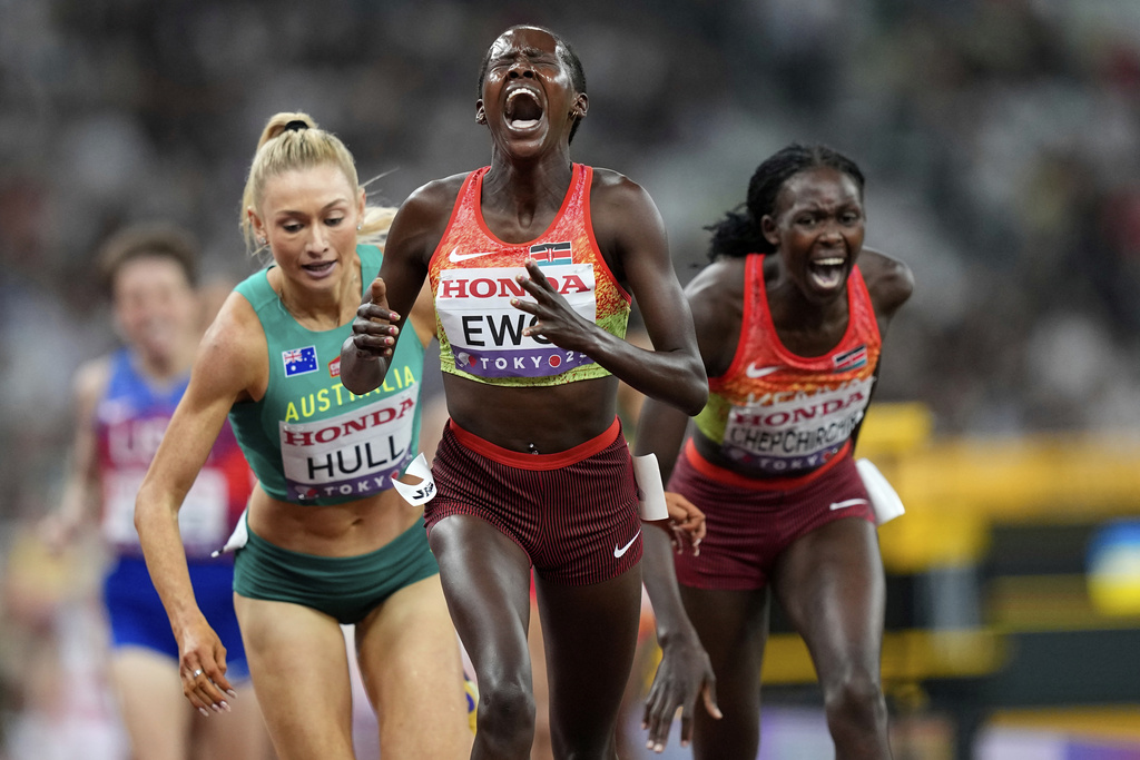 Kenya's Dorcus Ewoi reacts after taking the silver in the women's 1,500 meters final at the World Athletics Championships in Tokyo, Tuesday, Sept. 16, 2025. (AP Photo/Petr David Josek)