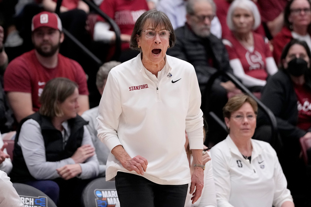 FILE - Stanford head coach Tara VanDerveer reacts during the first half of the team's second-round college basketball game in the women's NCAA Tournament against Iowa State in Stanford, Calif., March 24, 2024. (AP Photo/Jeff Chiu, File)