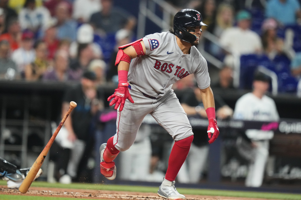 Boston Red Sox's Anthony Seigler runs after hitting a single during the second inning of a baseball game against the Miami Marlins, Wednesday, Aug. 26, 2026, in Miami. (AP Photo/Lynne Sladky)
