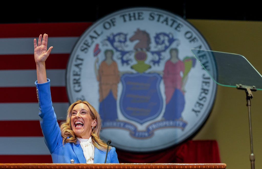 New Jersey Gov. Mikie Sherrill prepares to speak after taking the oath of office during an inauguration ceremony, Tuesday, Jan. 20, 2026, in Newark, N.J. (AP Photo/Seth Wenig)