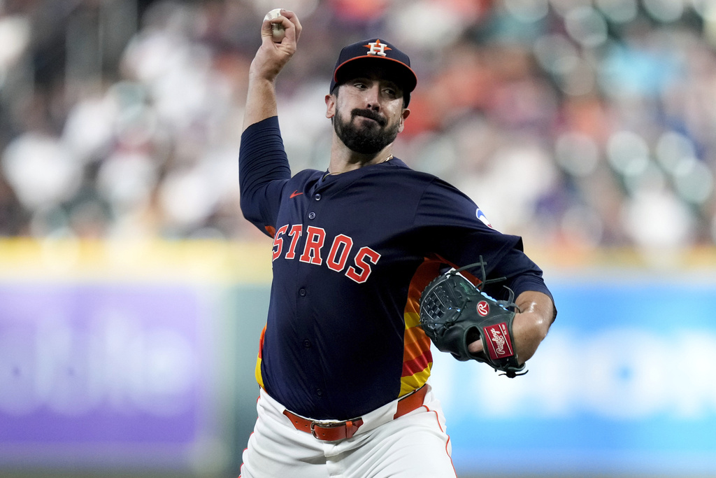 Houston Astros starting pitcher Jason Alexander throws against the Seattle Mariners during the first inning of a baseball game Sunday, Sept. 21, 2025, in Houston. (AP Photo/Eric Christian Smith)