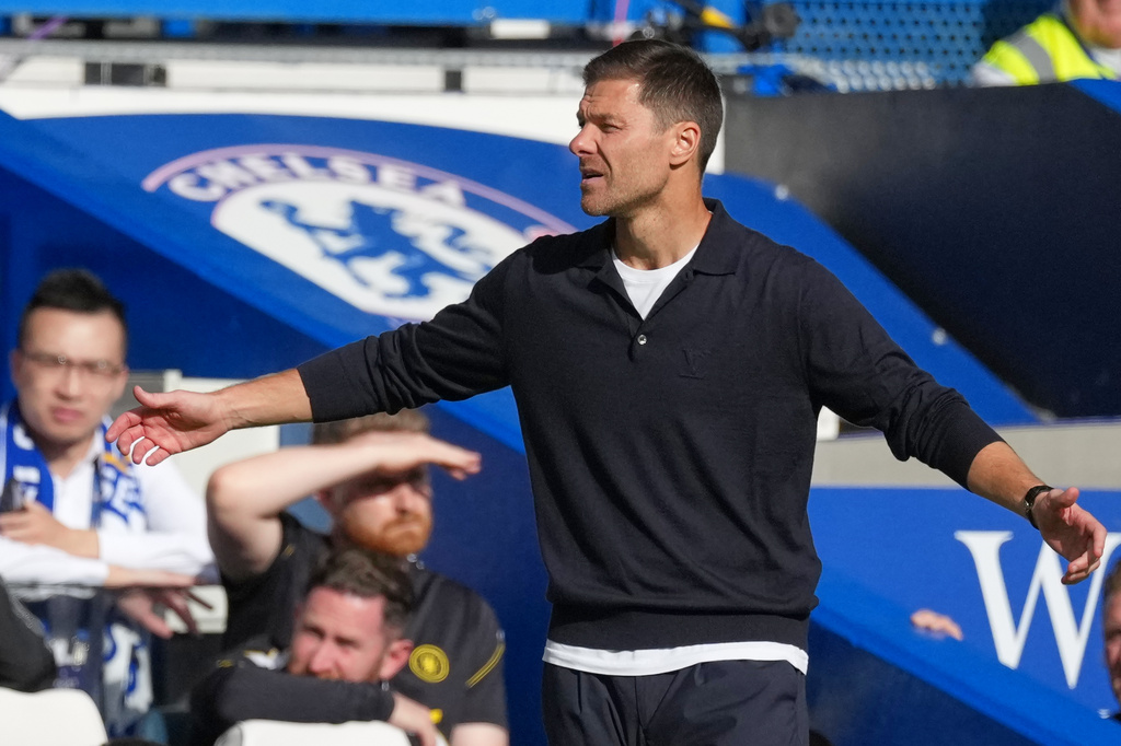 Chelsea's head coach Xabi Alonso reacts during the English Premier League soccer match between Chelsea and Hull City in London, Saturday, Sept. 12, 2026. (AP Photo/Dave Shopland)
