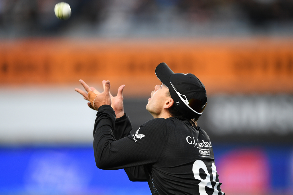 New Zealand's Mark Chapman takes a catch to dismiss West Indies batsman Alick Athanaze during the T20 cricket international between New Zealand and the West Indies in Auckland, New Zealand, Wednesday, Nov. 5, 2025. (Chris Symes/Photosport via AP)