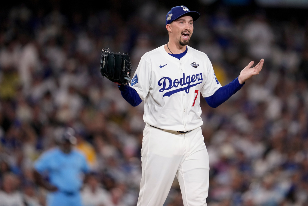 Los Angeles Dodgers' pitcher Blake Snell reacts to a call during the fifth inning in Game 5 of baseball's World Series against the Toronto Blue Jays, Wednesday, Oct. 29, 2025, in Los Angeles. (AP Photo/Ashley Landis)
