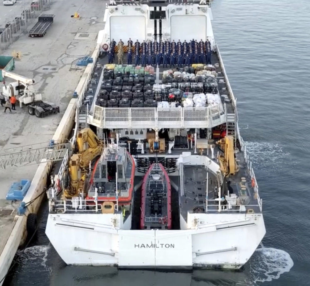 This still image from video and provided by the U.S. Coast Guard show crew members aboard the. US Coast Guard Cutter Hamilton after offloading illicit narcotics at Port Everglades, Fla., Monday, Aug. 25, 2025. (U.S. Coast Guard via AP)