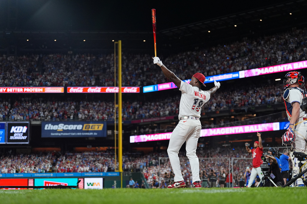 St. Louis Cardinals' Jordan Walker reacts as he wins the MLB baseball All-Star Home Run Derby, Monday, July 13, 2026, in Philadelphia. (AP Photo/Matt Rourke)