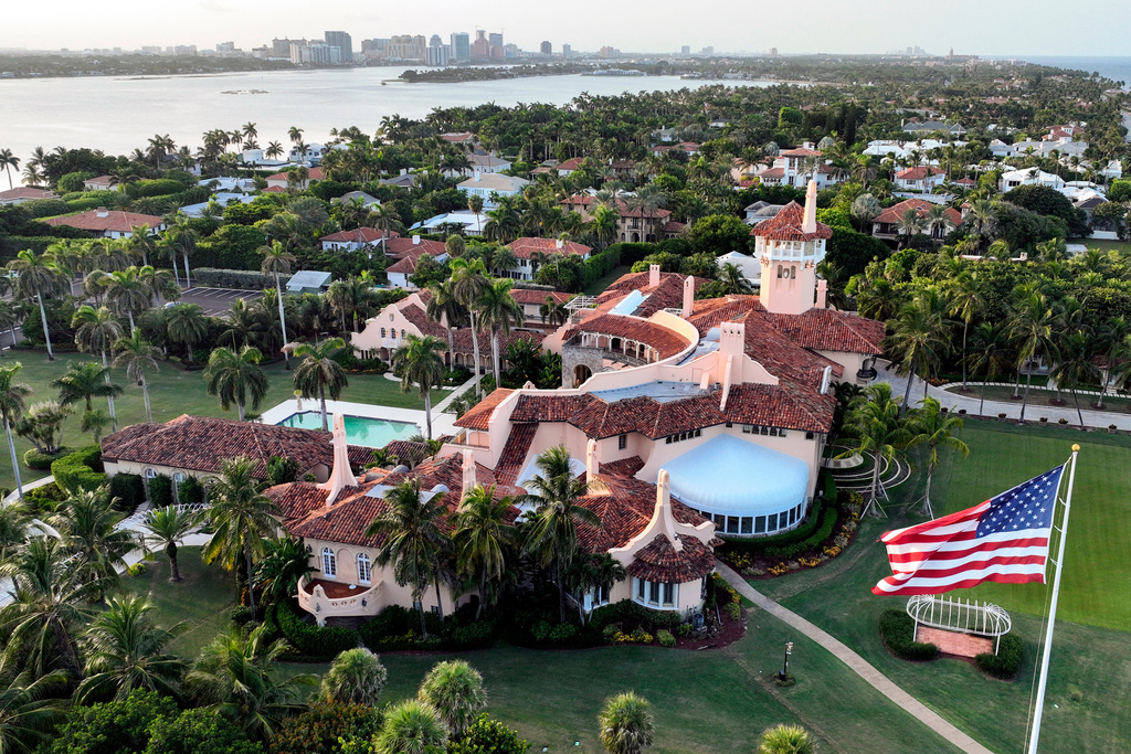 FILE - This is an aerial view of President Donald Trump's Mar-a-Lago estate, Aug. 10, 2022, in Palm Beach, Fla. (AP Photo/Steve Helber, File)