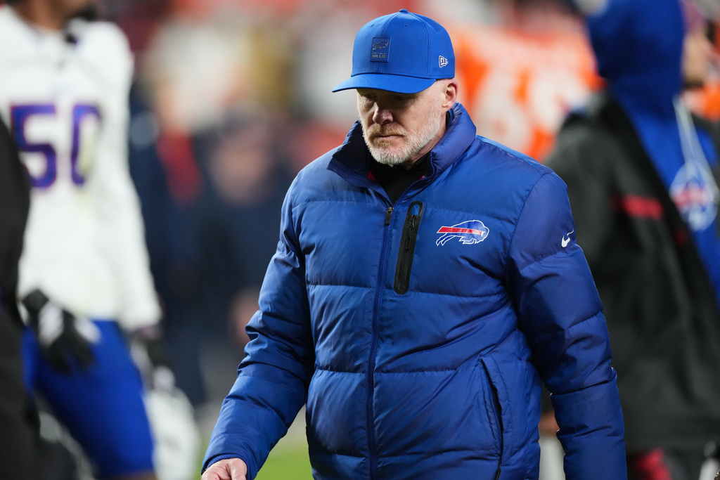 Buffalo Bills head coach Sean McDermott leaves the field after an NFL divisional round playoff football game against the Denver Broncos, Wednesday, Jan. 17, 2024, in Denver. (AP Photo/David Zalubowski)