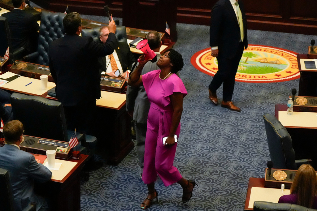 State Rep. Angie Nixon, D-Fla., speaks loudly on the House floor as the House voted on HB1D, a redistricting bill, during a special session of the Florida Legislature, Wednesday, April 29, 2026, in Tallahassee, Fla. (AP Photo/Mike Stewart)