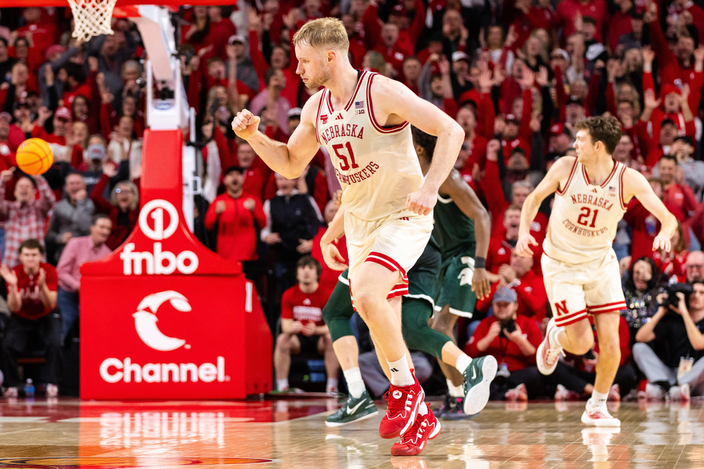 Nebraska forward Rienk Mast (51) celebrates after scoring against Michigan State during the second half of an NCAA college basketball game, Friday, Jan. 2, 2026, in Lincoln, Neb. (AP Photo/Bonnie Ryan)