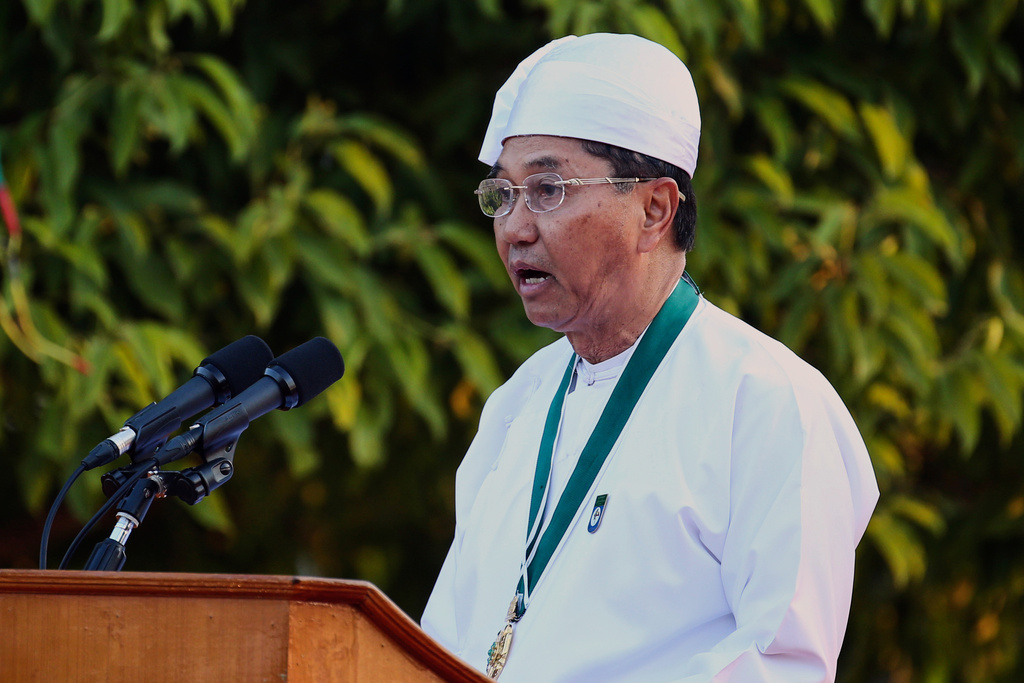 FILE - Myanmar Vice President Myint Swe speaks during a ceremony to mark Myanmar's 73rd anniversary of Union Day in Naypyitaw, Myanmar, Feb. 12, 2020. (AP Photo/Aung Shine Oo, File)